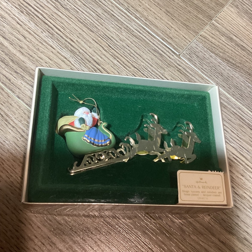 1982 Hallmark Keepsake Ornament Santa and Reindeer Brass Plated‎ Lacquer Coated